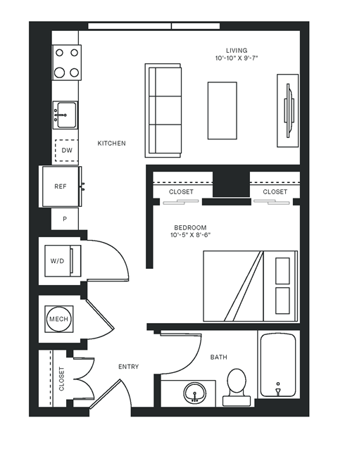 Floor plan for studio, 1 bath, 540 sqft
